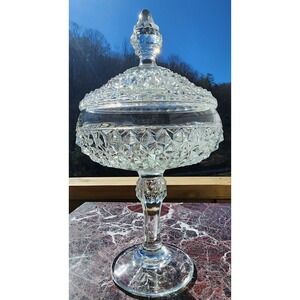 Vintage Indiana Glass Pedestal Candy Dish w Lid Diamond Point Clear Glass 12"